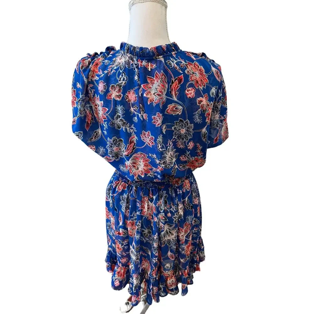 Misa LA Dominque Chiffon Smocked Tiered Mini Dress Blue Floral Print M